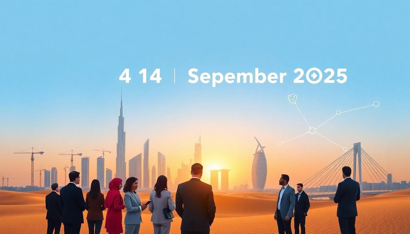 A sophisticated, vibrant collage of the UAE: businesspeople, the Dubai skyline, security icons, and digital symbols. Image created with AI.