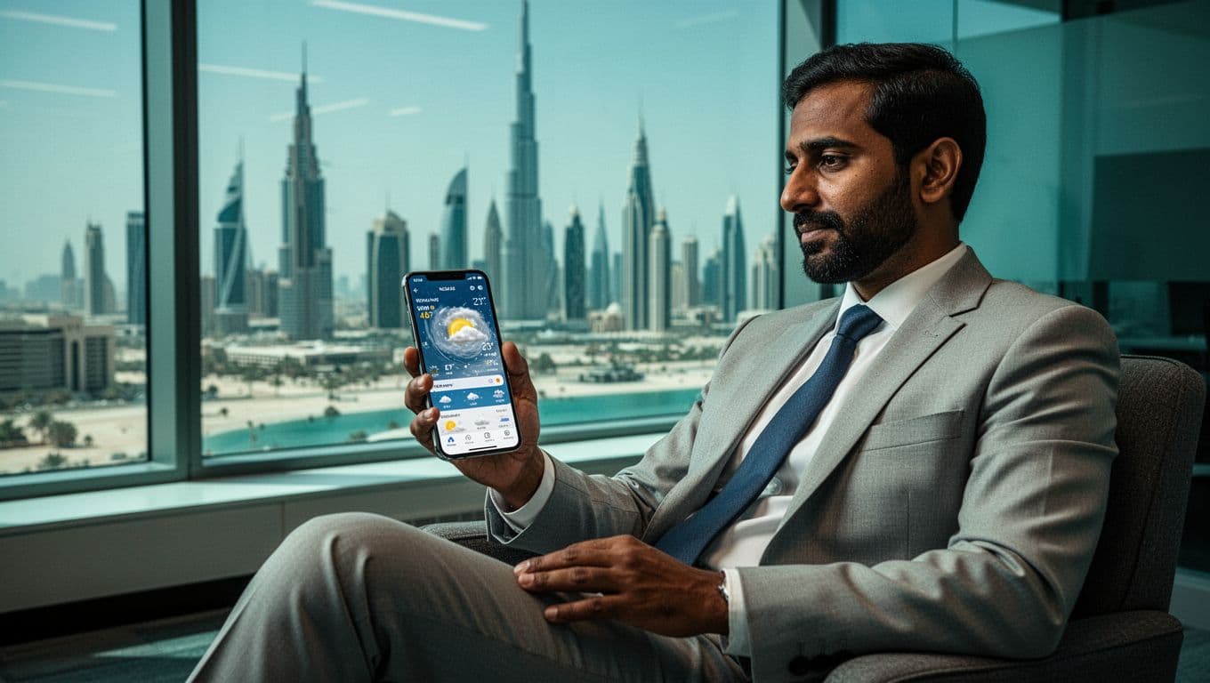 Diverse Arab or South Asian business professional in light business attire sits relaxed in modern UAE office with Abu Dhabi or Dubai skyline, checking official NCM UAE weather app on smartphone with faint forecast visible.