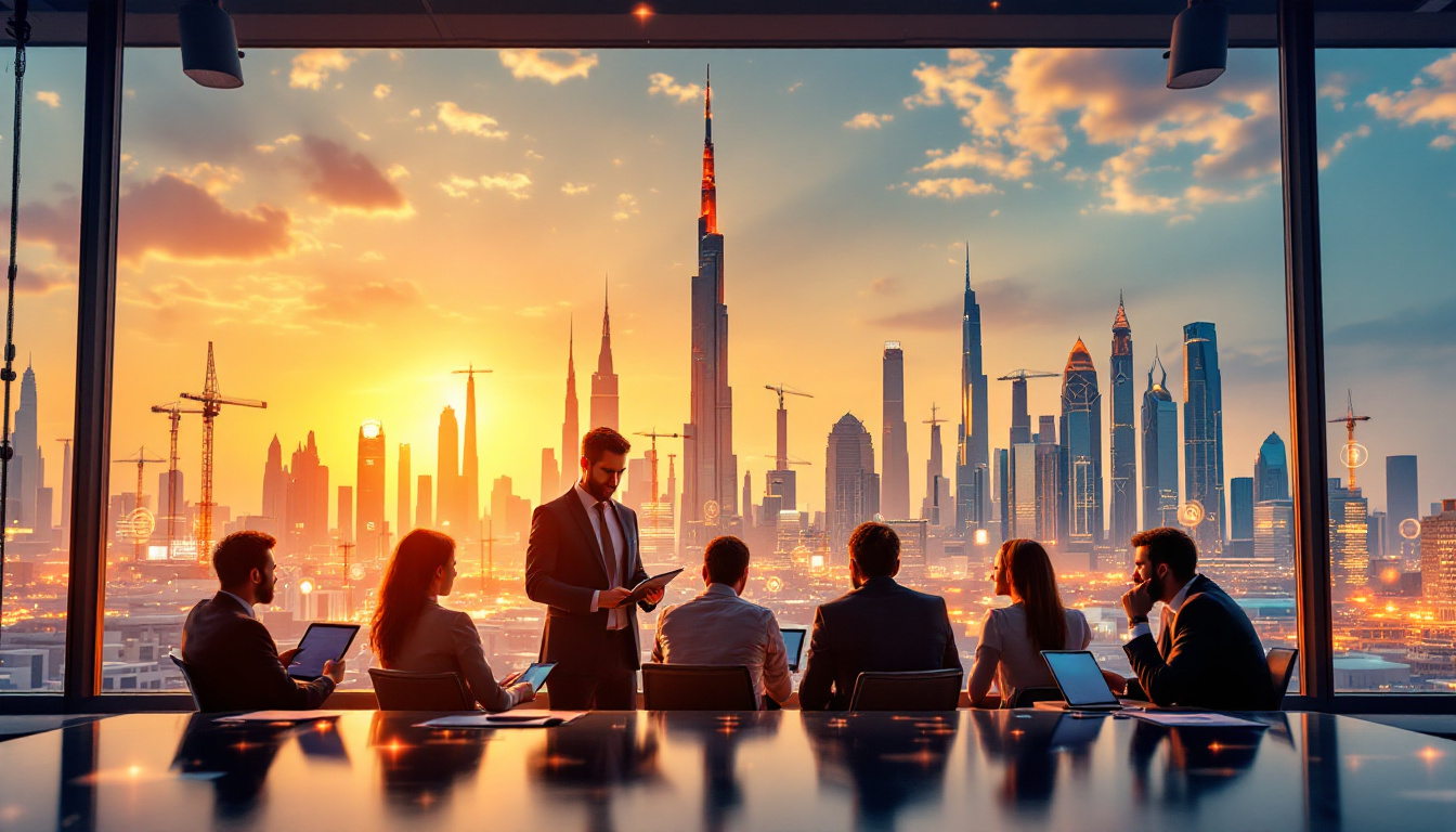 A hyper-detailed, photo-realistic image of the UAE business and property scene, showing a diverse group of professionals in a conference room with the Dubai and Abu Dhabi skylines beyond modern glass windows. Image created with AI.