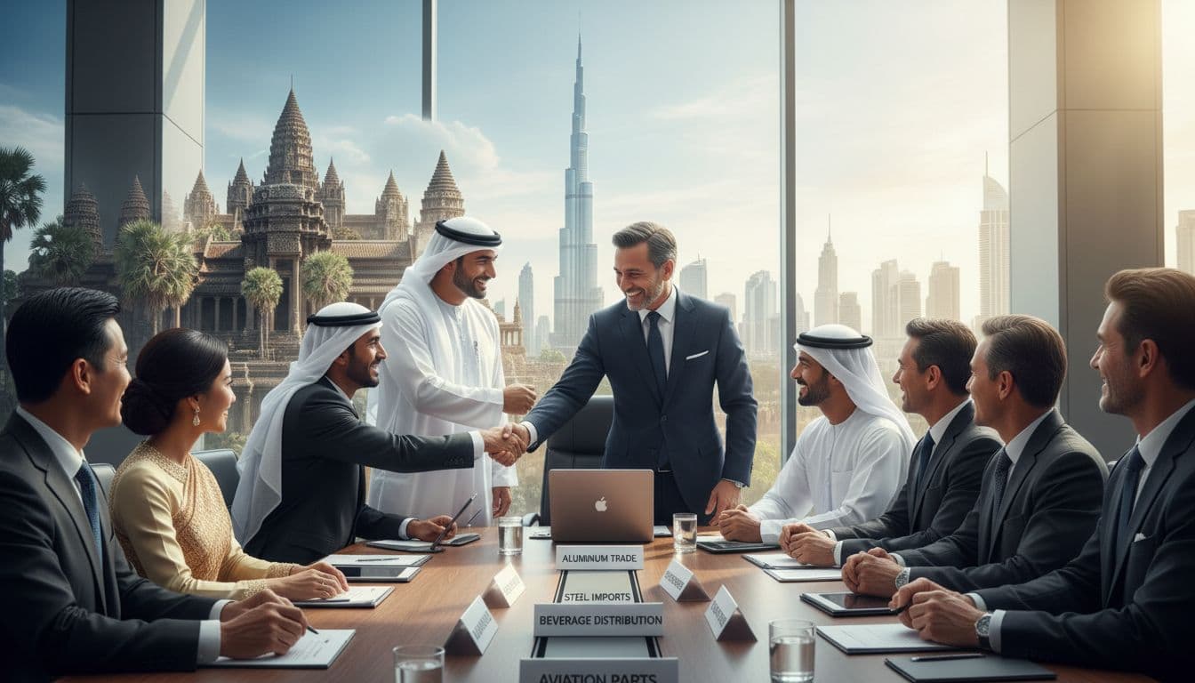 UAE and Cambodian business leaders meeting in Phnom Penh during a trade mission, shaking hands across a conference table with documents and city skylines in the background. Image created with AI.