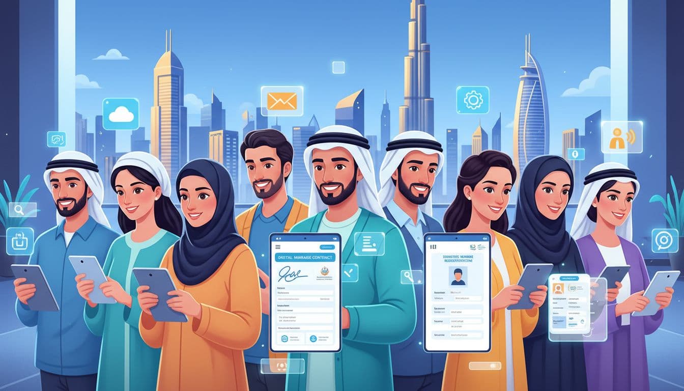 Residents in the UAE using a mobile app to complete a digital marriage contract and domestic worker services, with the Dubai skyline in the background