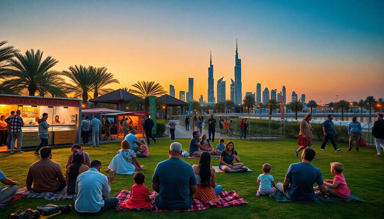 A lively UAE city park at sunset, filled with families and friends enjoying live events, food stalls, and music, with Dubai’s iconic skyline in the background. Image created with AI.