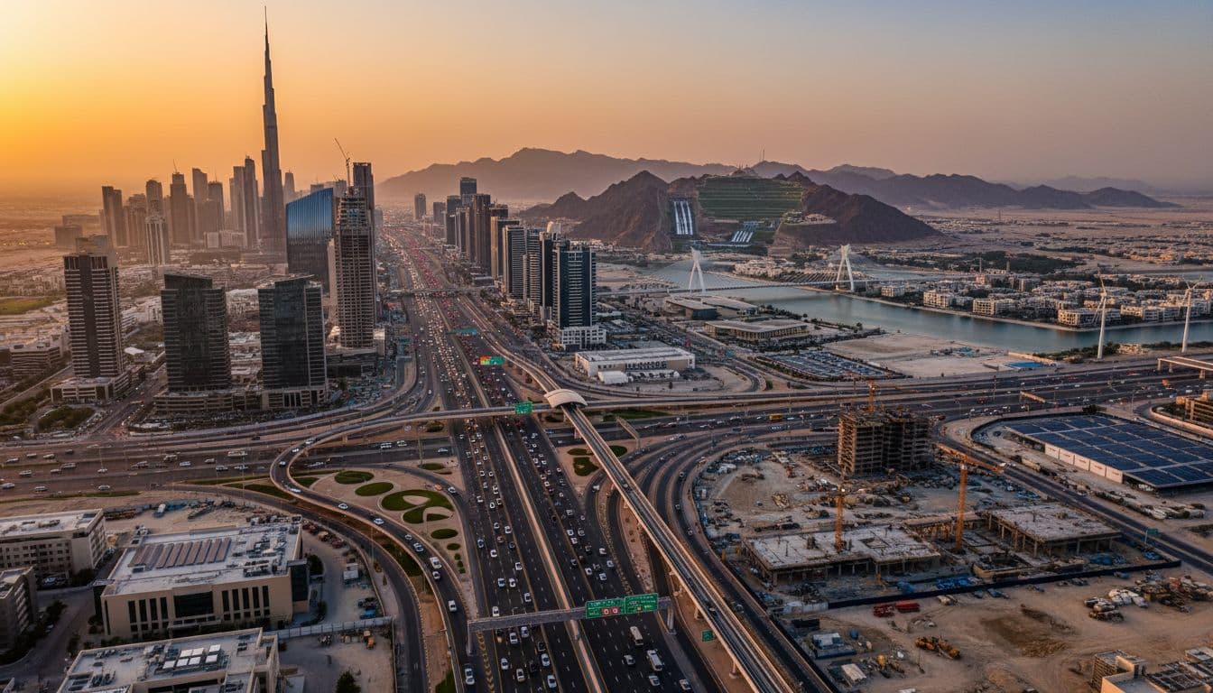 Aerial view of UAE cityscape at dusk with highways, metro works and mountain projects in the distance