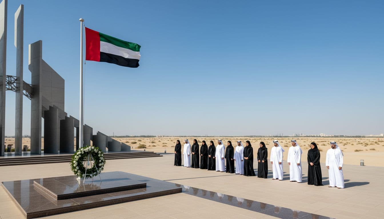 Commemoration Day ceremony at Wahat Al Karama in Abu Dhabi, UAE flag lowered and people observing a minute of silence.