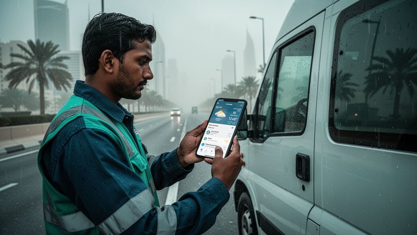 A diverse professional South Asian or Filipino driver stands beside a delivery van on a Dubai street during morning light, relaxedly checking the weather forecast on his phone with no screen details visible. Background features hazy sky, modern highway, palms, cinematic style with strong contrast and teal accents.
