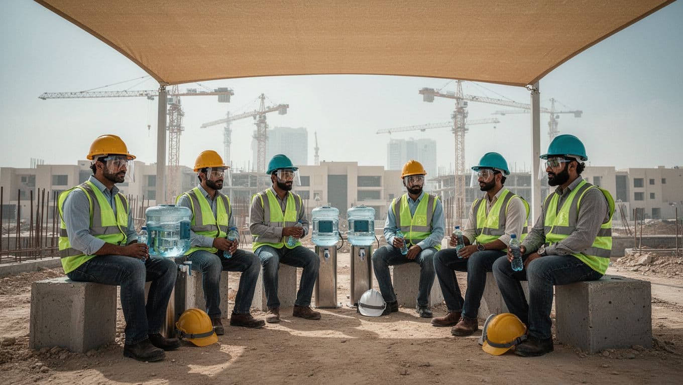Diverse Arab and South Asian workers rest under a large shade canopy with water stations on an Abu Dhabi construction site during summer heat, wearing PPE helmets and visors.