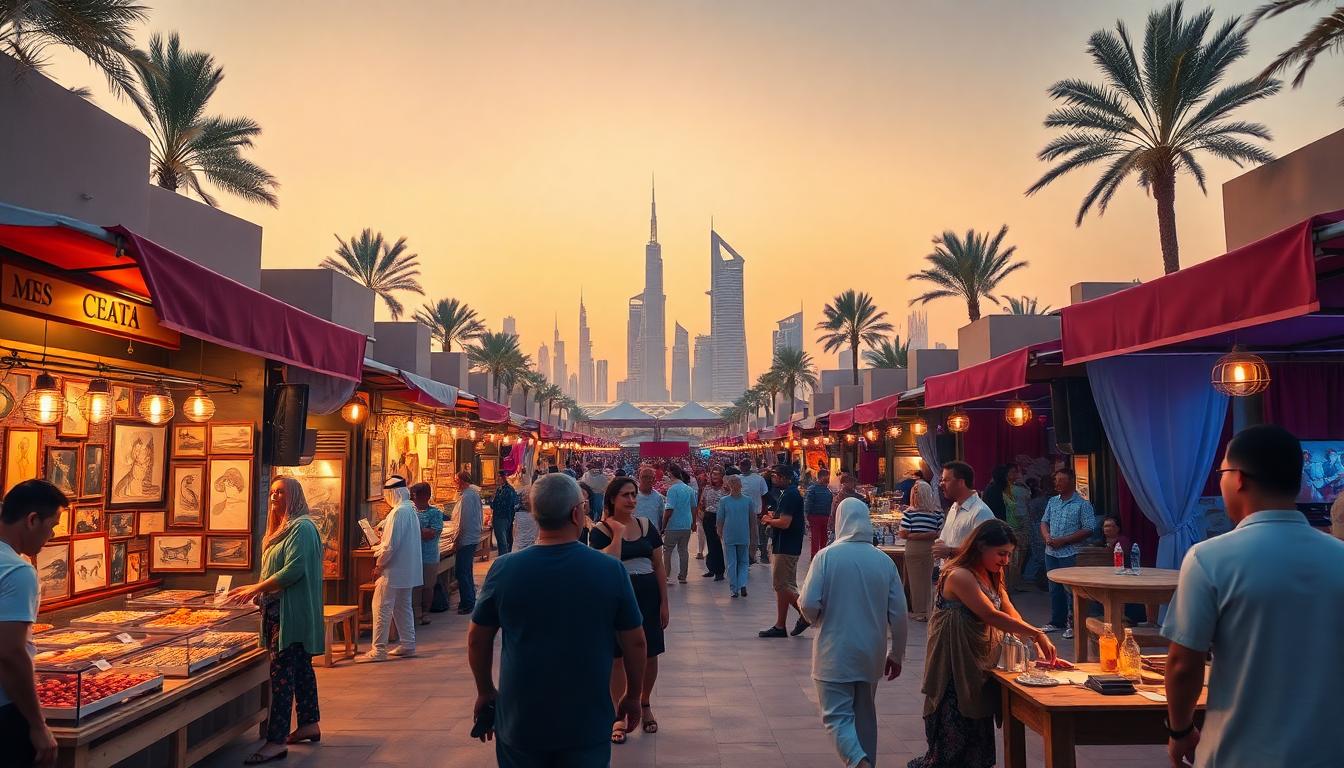 A vibrant UAE cultural scene featuring traditional market stalls, modern art galleries, people enjoying live performances in an open-air evening setting, and the city skyline at sunset. Image created with AI.