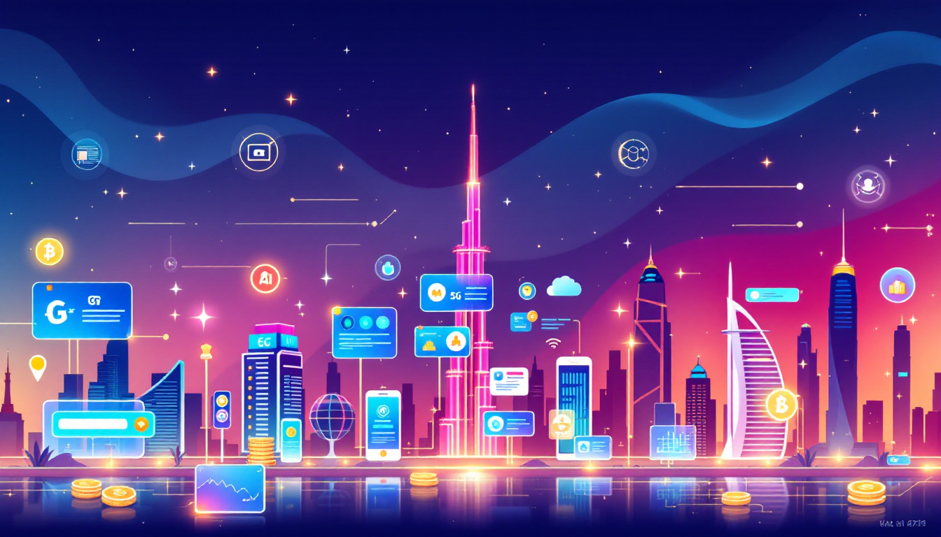UAE daily news roundup illustration featuring the Dubai skyline, AI and fintech icons, 5G waves, and digital infrastructure. Image created with AI.