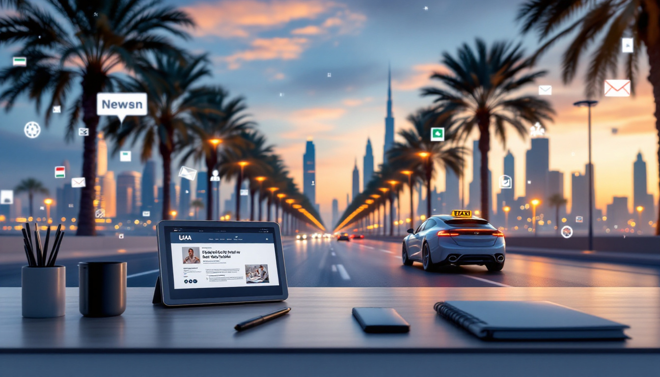 Panoramic collage showing a tablet with news headlines, a robotaxi on a Dubai road, and the Dubai skyline at dusk, representing UAE daily news, economy, and technology. Image created with AI.