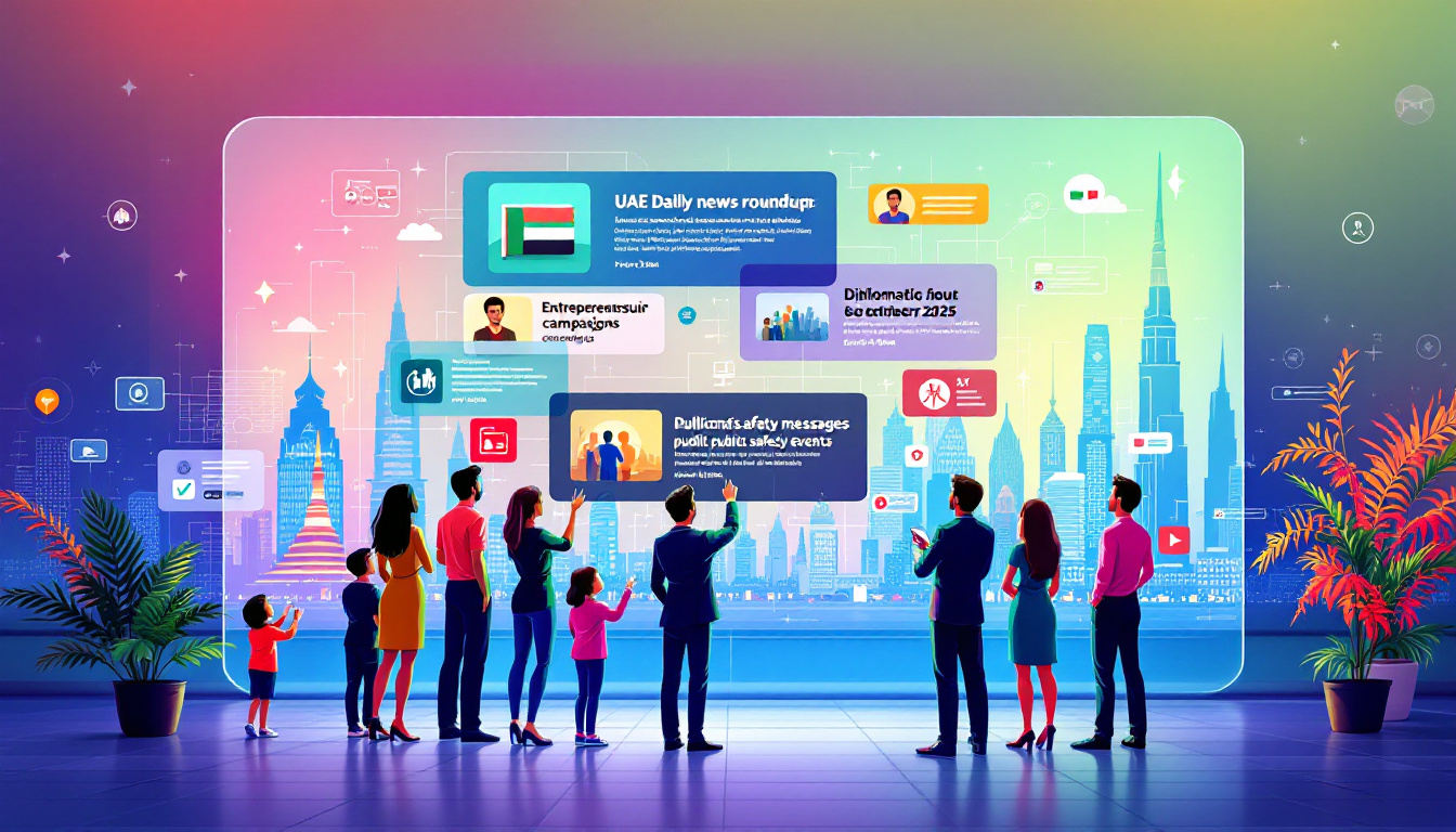 A diverse group of Emirati professionals explores today's top news headlines on a digital display, set against the Dubai skyline, reflecting themes of entrepreneurship, diplomacy, safety, and culture. Image created with AI for the UAE Daily News Roundup – 21 September 2025.