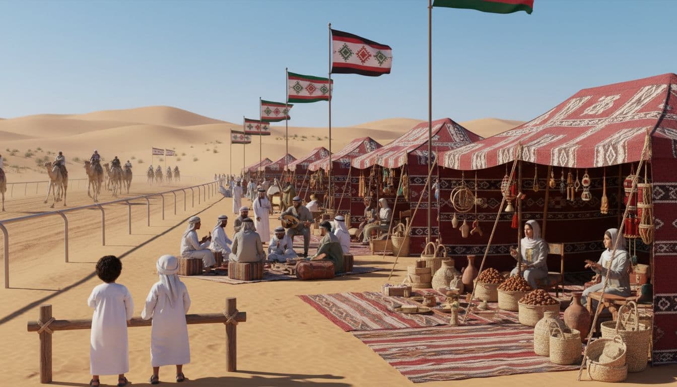 Traditional UAE festival scene with camel races, markets, and families. Image created with AI.