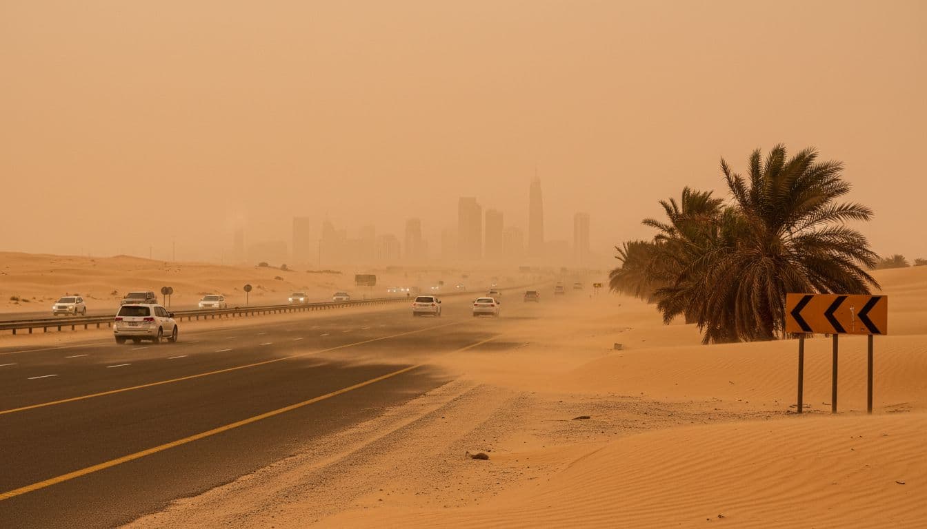 UAE desert landscape under hazy dusty sky with strong winds blowing sand across a highway, low visibility and cars spaced apart. Foreground features road signs and bending date palms, with faint Sharjah skyline in the background.