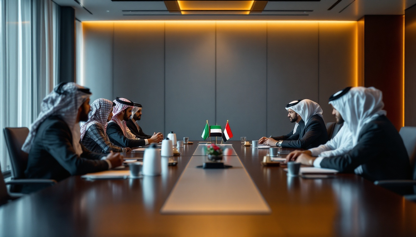 A sleek UAE diplomatic scene with a modern roundtable, UAE flag, and regional delegates, symbolising regional cooperation. Image created with AI.