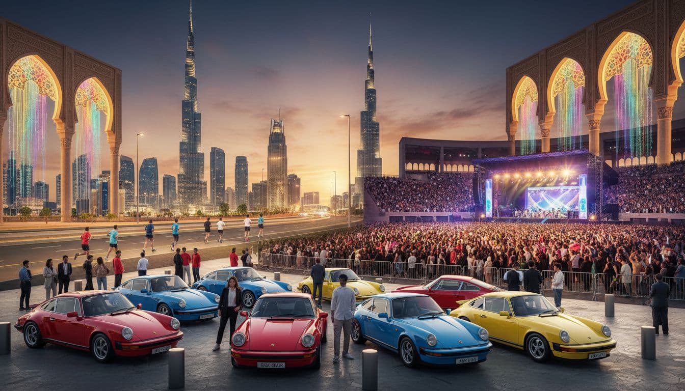 Classic Porsche festival, runners on Sheikh Zayed Road, and Sharjah concert crowd