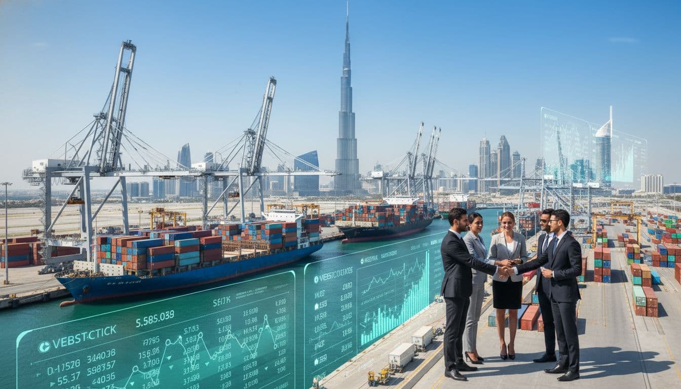 AI generated illustration of UAE ports, skyscrapers, and business people symbolising trade and economic growth