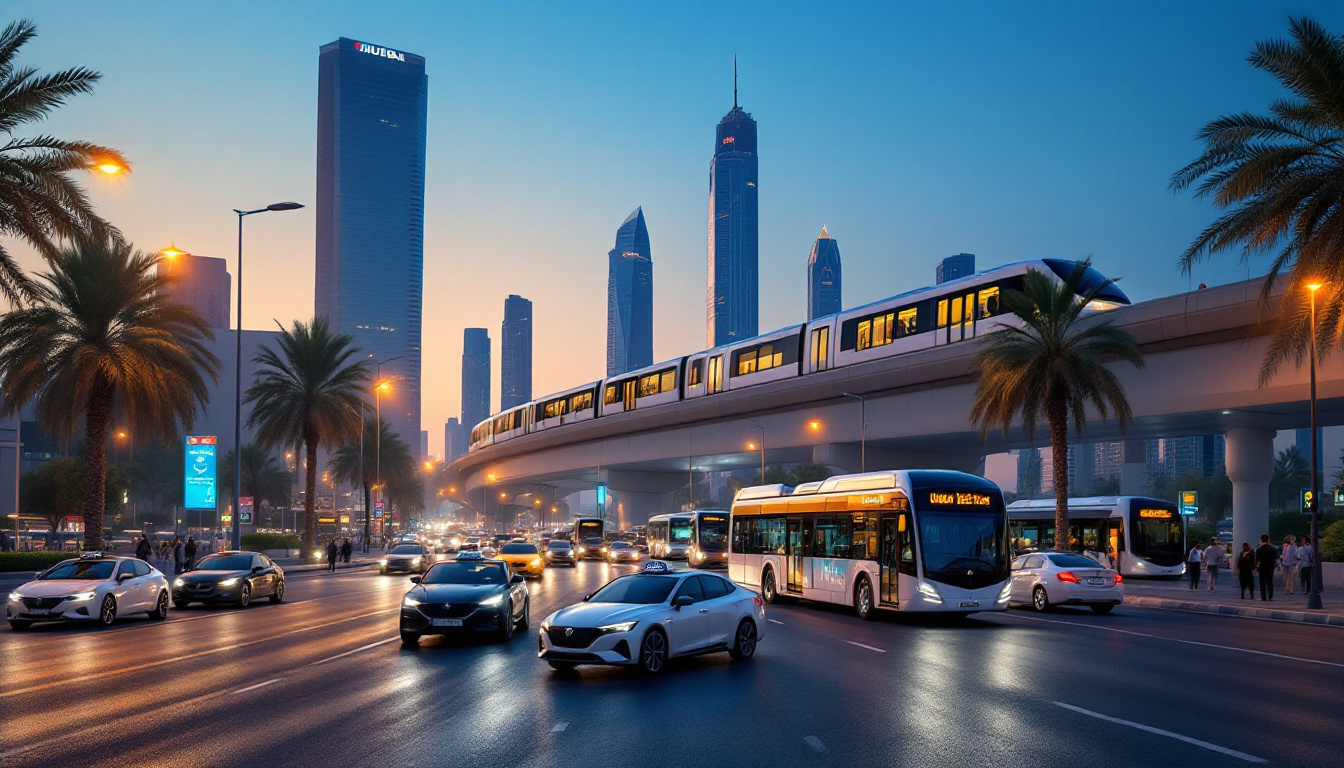 A photorealistic UAE transport scene at dusk: a busy urban road with smart buses, taxis, and a Dubai Metro train gliding on an elevated track, modern glass towers in the background. Image created with AI.