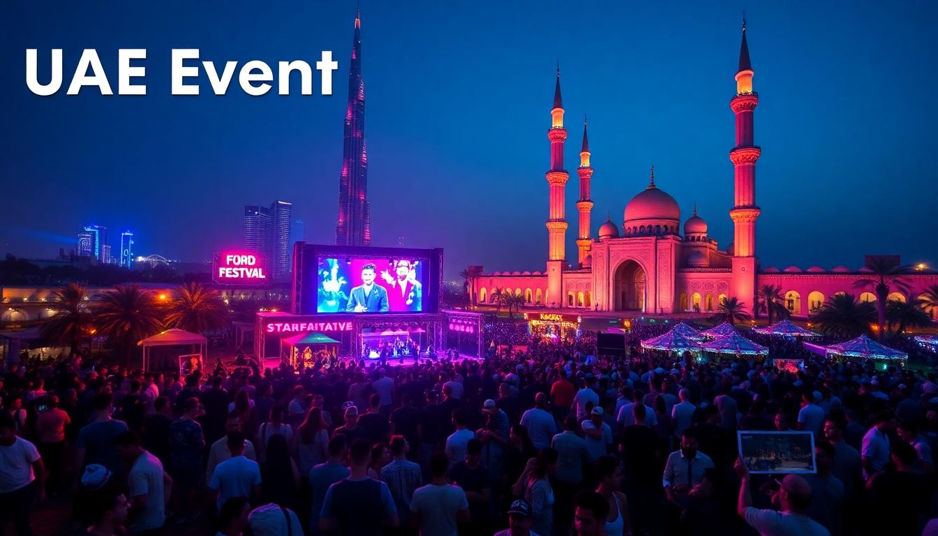 UAE events calendar visual showing concerts, food festivals, and cultural performances against a cityscape. Image created with AI.