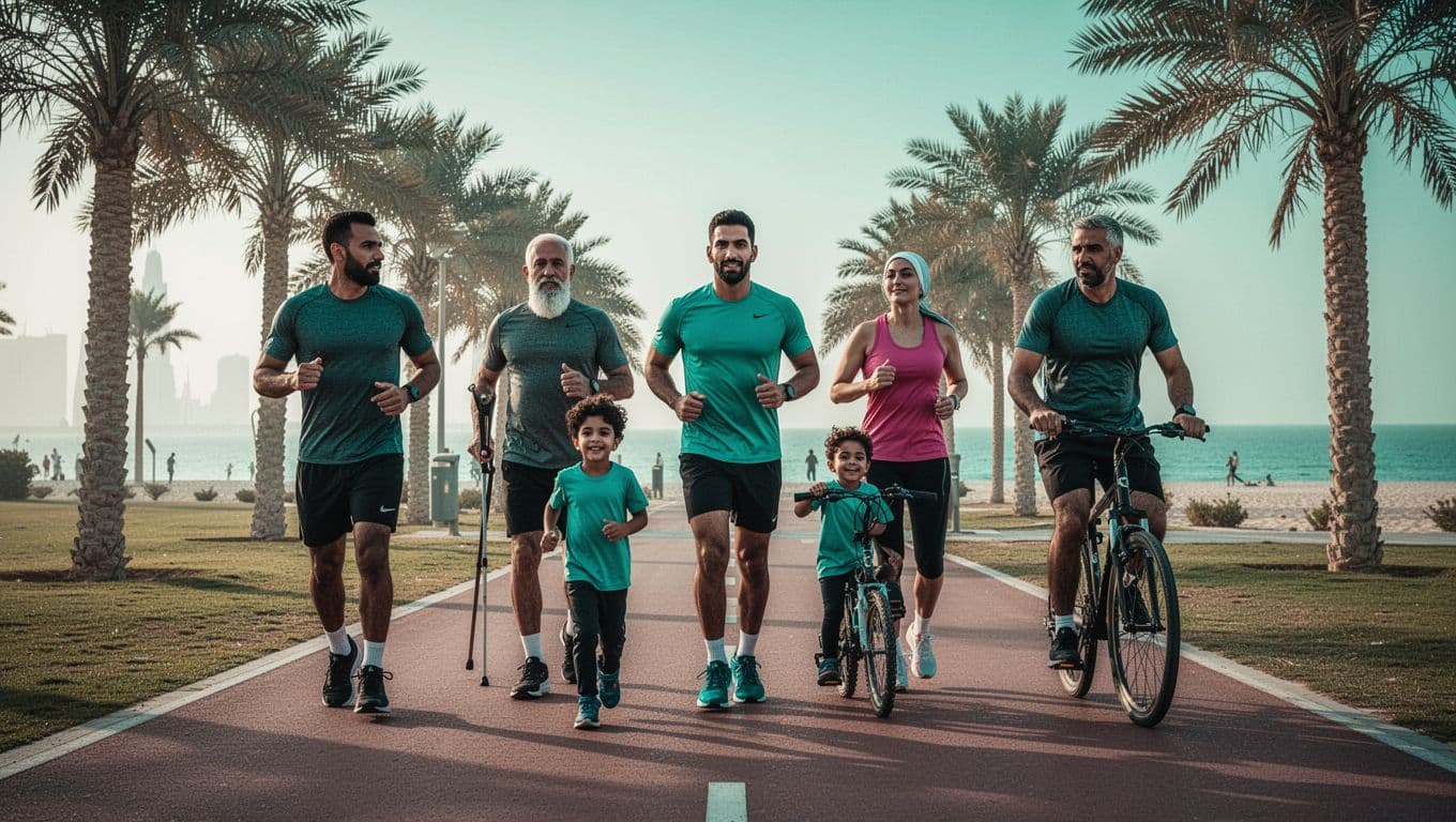 Diverse UAE professionals and family—three adults, two children—enjoy relaxed outdoor jogging, walking, and cycling in early morning winter park in Abu Dhabi with mild 22C weather, palms, sea view, cinematic lighting, and teal accents.