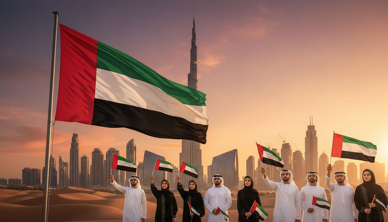UAE Flag Day celebration at sunset with Dubai skyline in the background, community members holding flags in the foreground.
