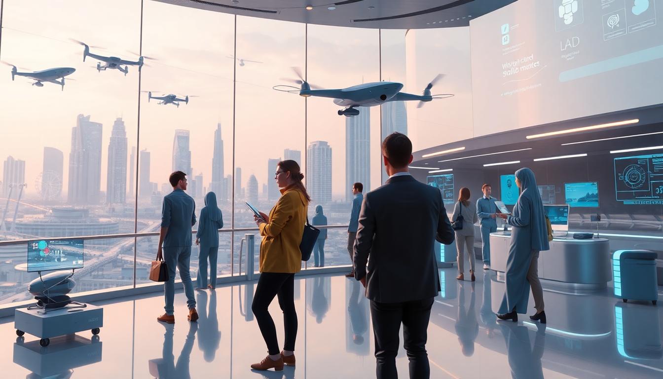 A futuristic UAE tech hub with holographic displays, AI interfaces, drones, and modern architecture. Professionals and students engage with technology in a bustling, forward-focused atmosphere. Image generated by AI.