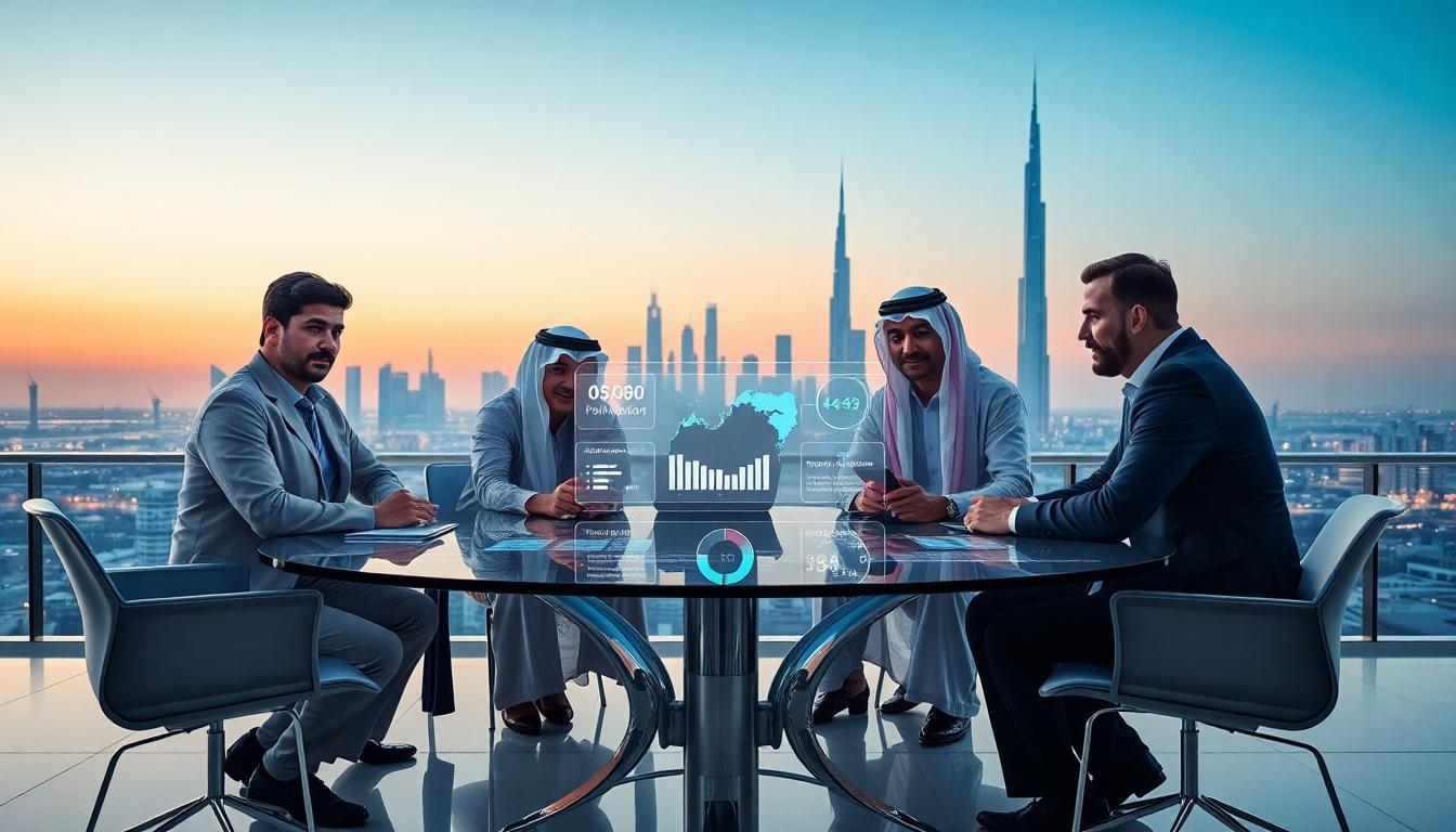 Brightly lit Dubai boardroom, policymakers and tech leaders around a glass table, digital dashboards and holograms floating above, with the Dubai skyline at dusk and subtle UAE flags in the background. Image created with AI.
