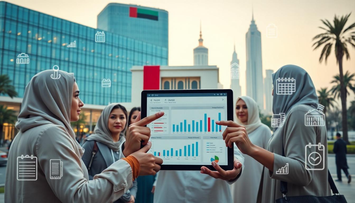 A digital dashboard being discussed by diverse residents in front of a modern UAE government building, showing how policy shapes daily life. Image created with AI.