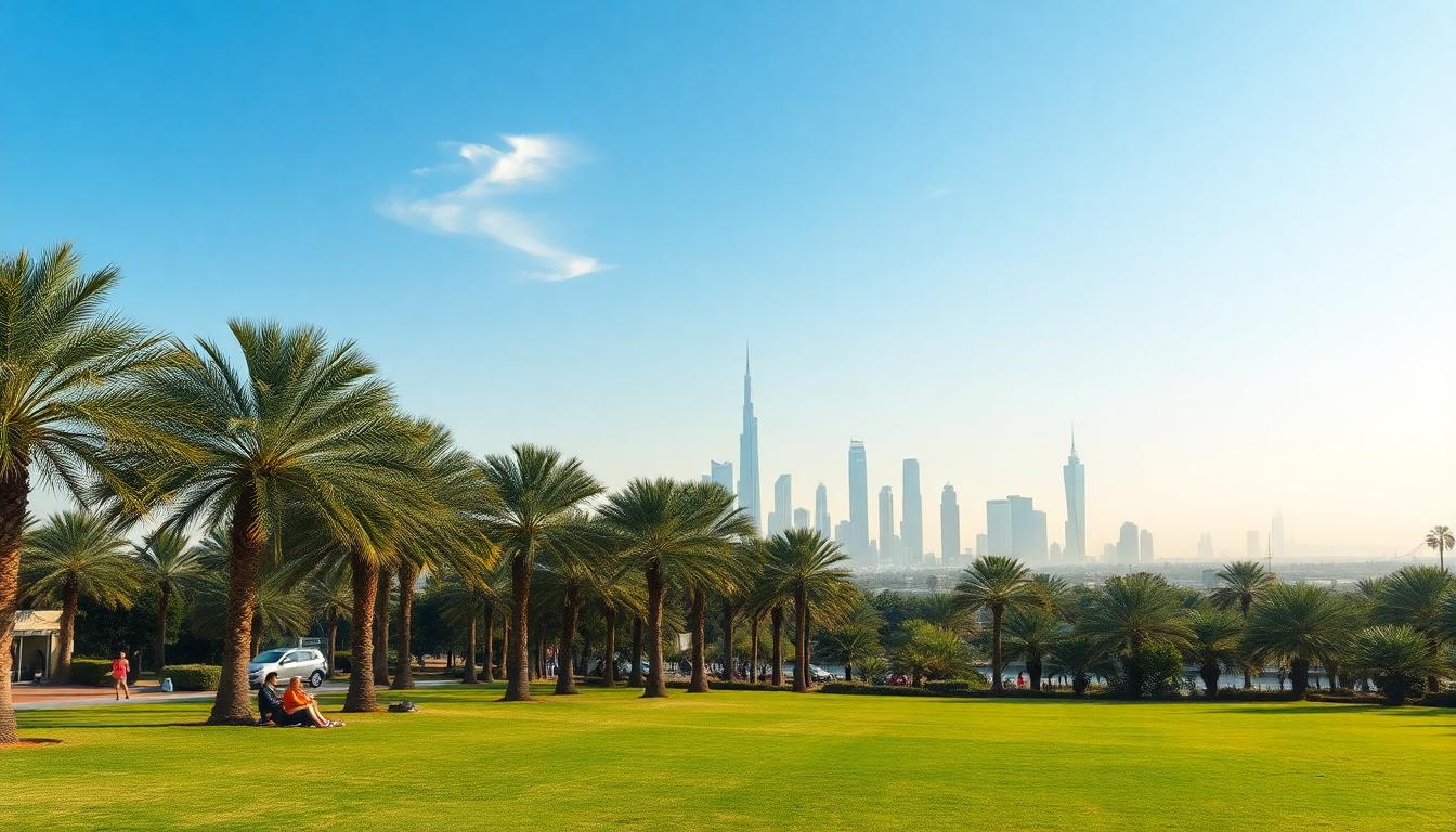UAE cityscape with Abu Dhabi and Dubai in the background, palm-shaded park in the foreground, people sheltering from late summer heat, clear blue sky with scattered clouds. Image created with AI.