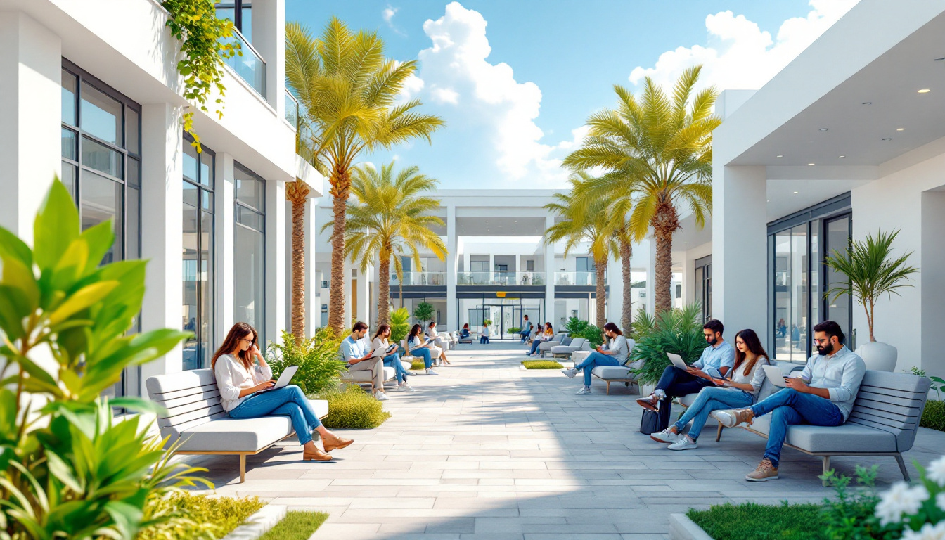 A bright, modern UAE university campus scene showing diverse students using tablets and laptops in outdoor seating and modern classrooms. The setting features hints of Indian curriculum influence, crisp architecture, and clear, sunny weather. Image generated by AI.