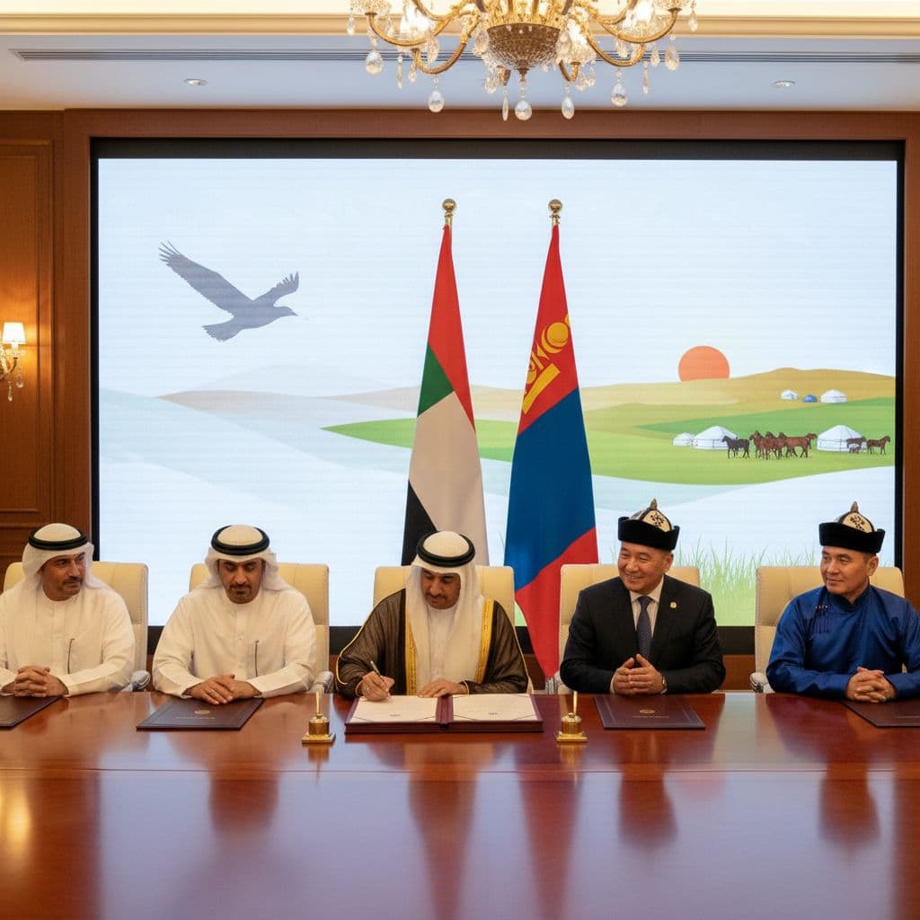 UAE and Mongolia officials sign an MoU with Asian houbara motifs and national flags in the backdrop