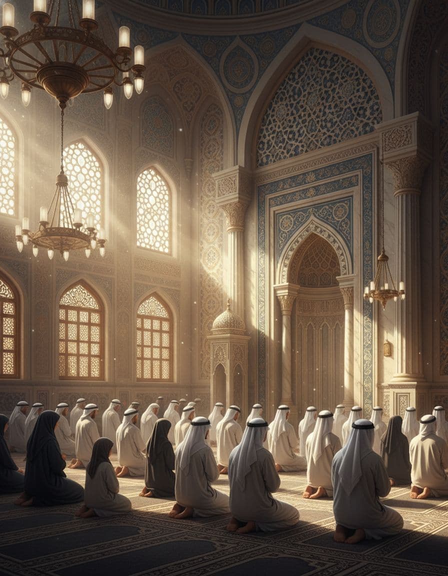 Community gathered inside a UAE mosque for Istisqaa prayers, soft light and unified rows in prayer