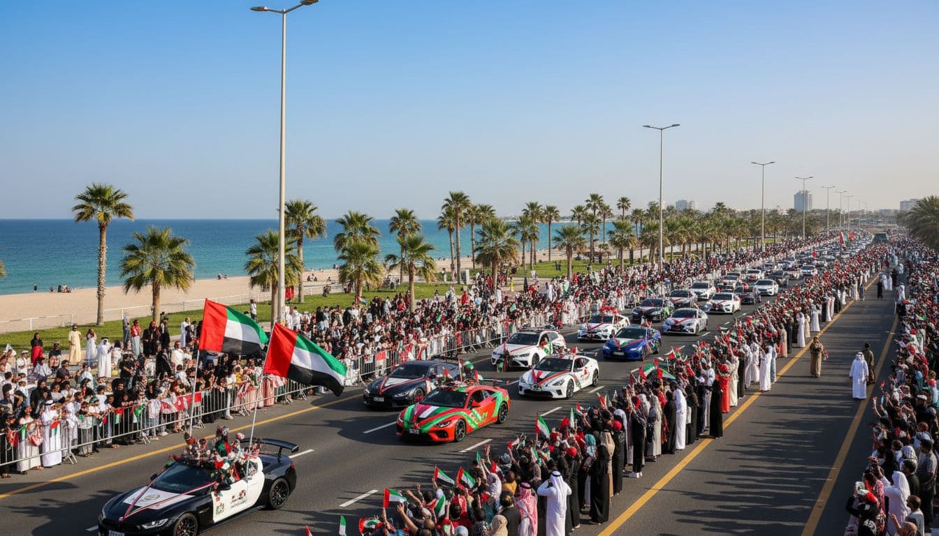 Al Etihad parade cars on Jumeirah Road in Dubai during UAE National Day, with crowds waving UAE flags along the beach road, under a clear blue sky