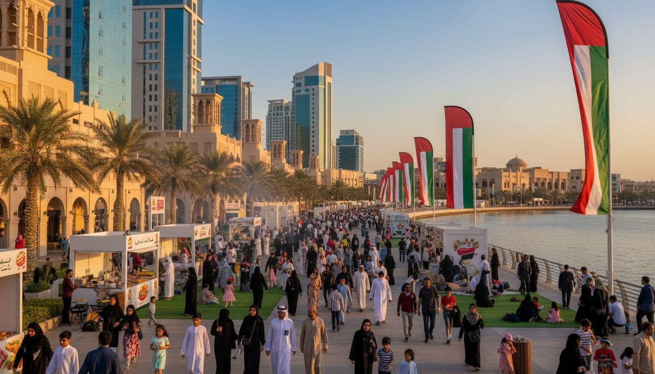 Families celebrating UAE National Day along a Sharjah waterfront at sunset, with flags and city skyline in the background