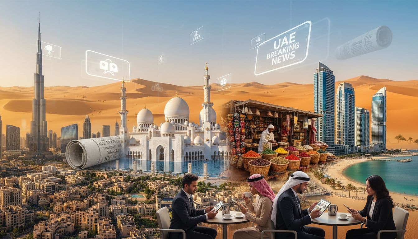 A photorealistic collage representing UAE news, featuring Burj Khalifa, Sheikh Zayed Grand Mosque, Sharjah souk, Ajman waterfront, overlaid with newspaper rolls and digital alerts, professionals reading on tablets, transitioning from city to desert.
