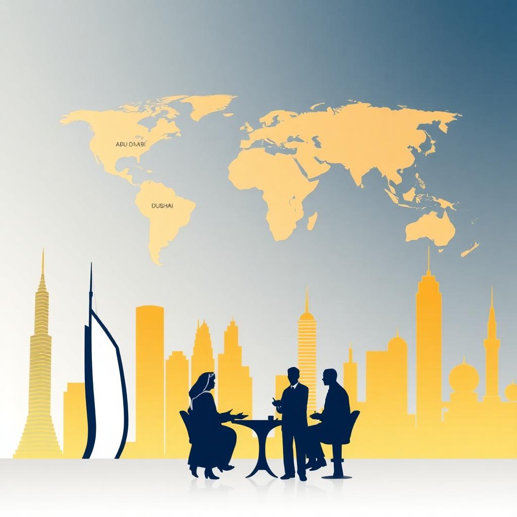 A professional illustration of UAE diplomats in front of iconic local landmarks, with glowing lines on a world map connecting the UAE to regional capitals, symbolising collaboration and outreach. Image created with AI.