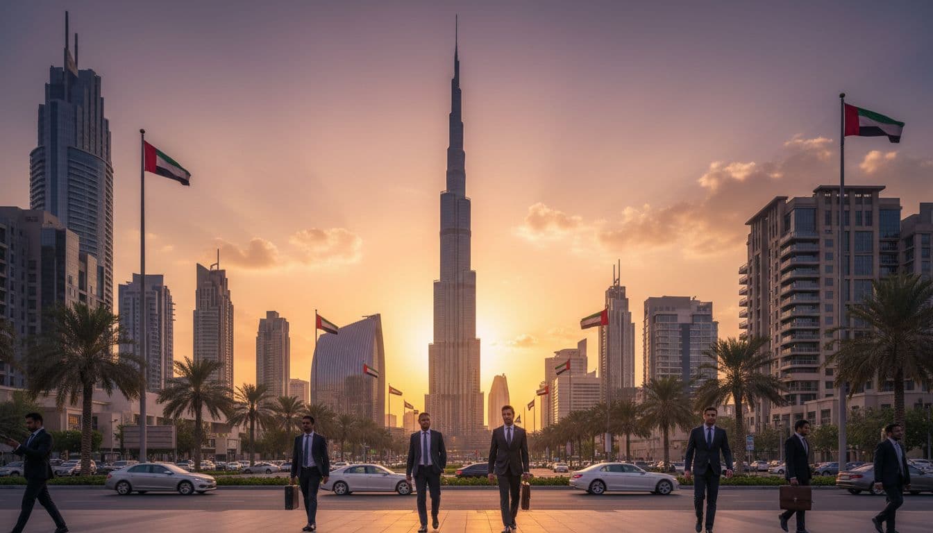 Wide view of Dubai and Abu Dhabi skylines at sunset with business people walking and cars on the road