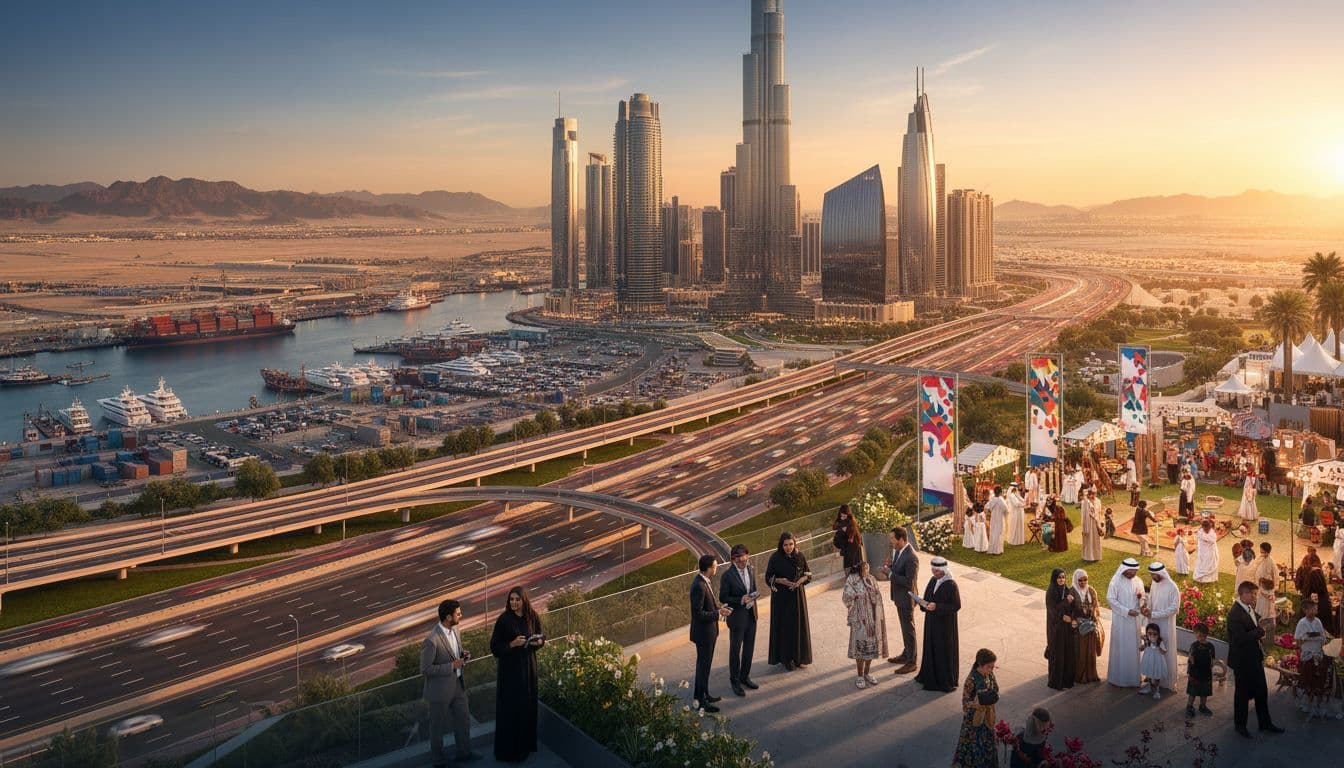 Dubai and Abu Dhabi skylines with ports, highways and people at a cultural festival, symbolising UAE business, transport and lifestyle news on 12 December 2025 – UAEThrive