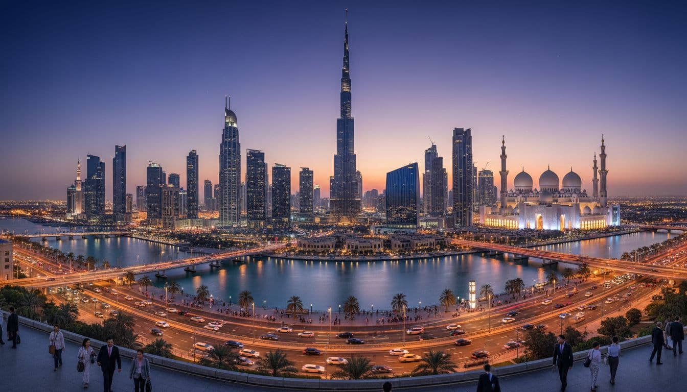 Panoramic UAE skyline with Dubai, Abu Dhabi, and Sharjah landmarks at dusk