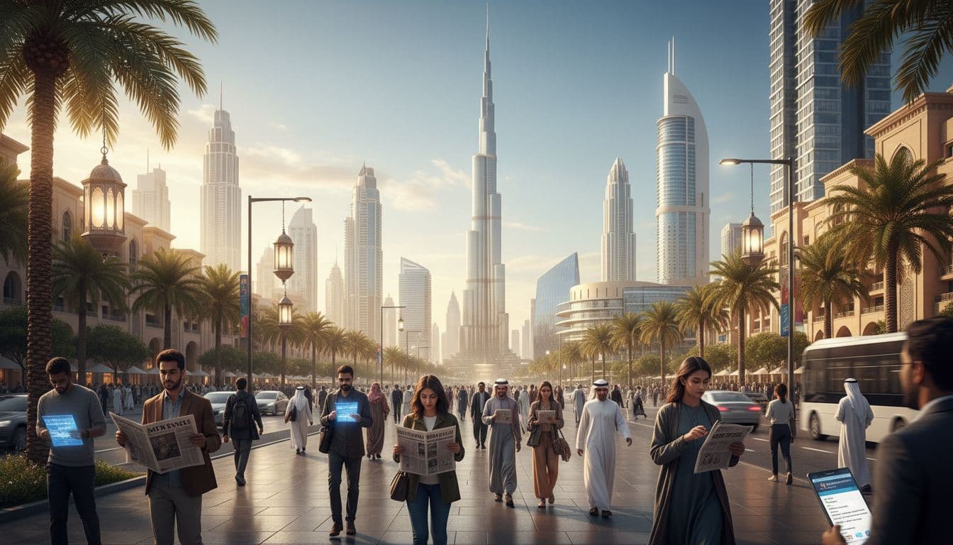 A vibrant, realistic scene of the Dubai skyline with Burj Khalifa, palm-lined boulevard, and diverse people checking phones and newspapers, daytime lighting, energetic atmosphere