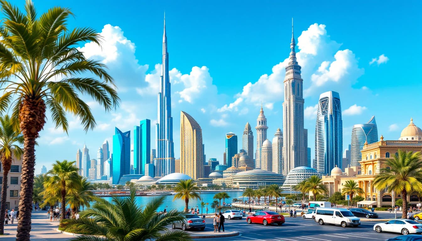 Dubai skyline with Burj Khalifa at midday, palm trees and modern towers, symbolising investment and growth. Image created with AI.