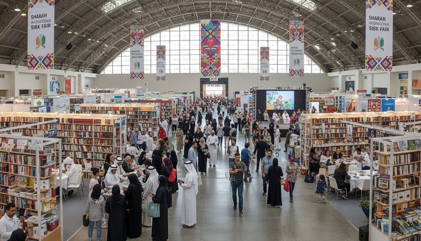Sharjah International Book Fair inside hall, families browsing books and author sessions, Image created with AI