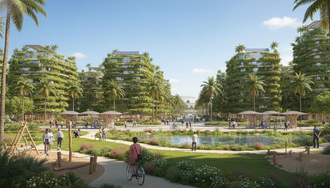 Green neighbourhood concept at Expo City with shaded paths, solar roofs, and pocket parks