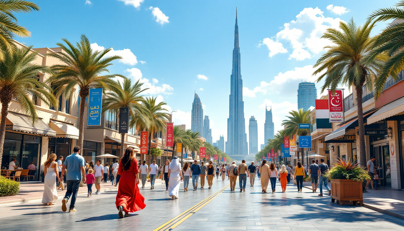 Vibrant Dubai street life with Burj Khalifa and nearby road works, sunny day, residents walking past cafes