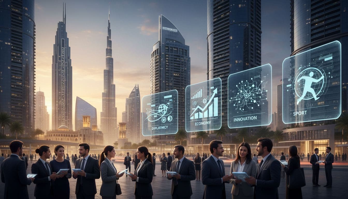 Dusk skyline of Dubai with Burj Khalifa and people in foreground discussing news topics related to diplomacy, economy, innovation, and sport