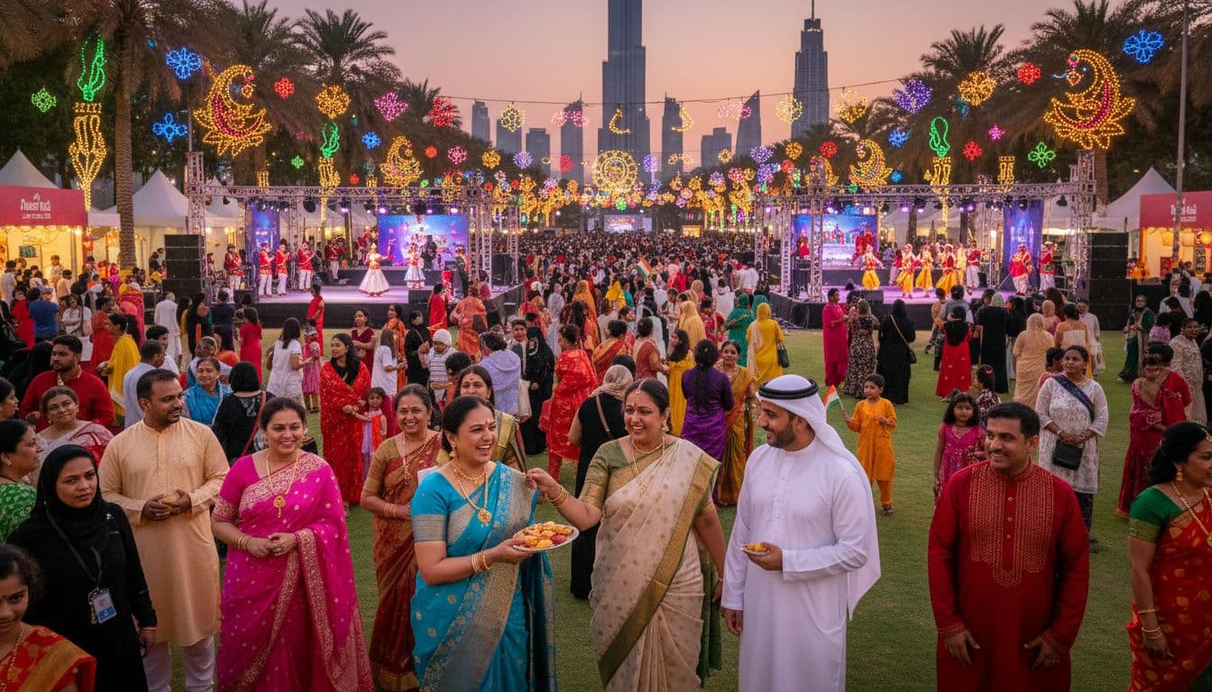 Community festival at Zabeel Park with cultural dances, lights, and families enjoying performances. Image created with AI.