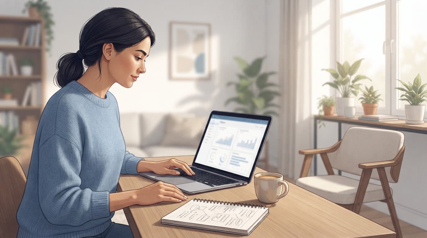 A marketing professional reviews a content plan on a laptop beside coffee and a notebook.