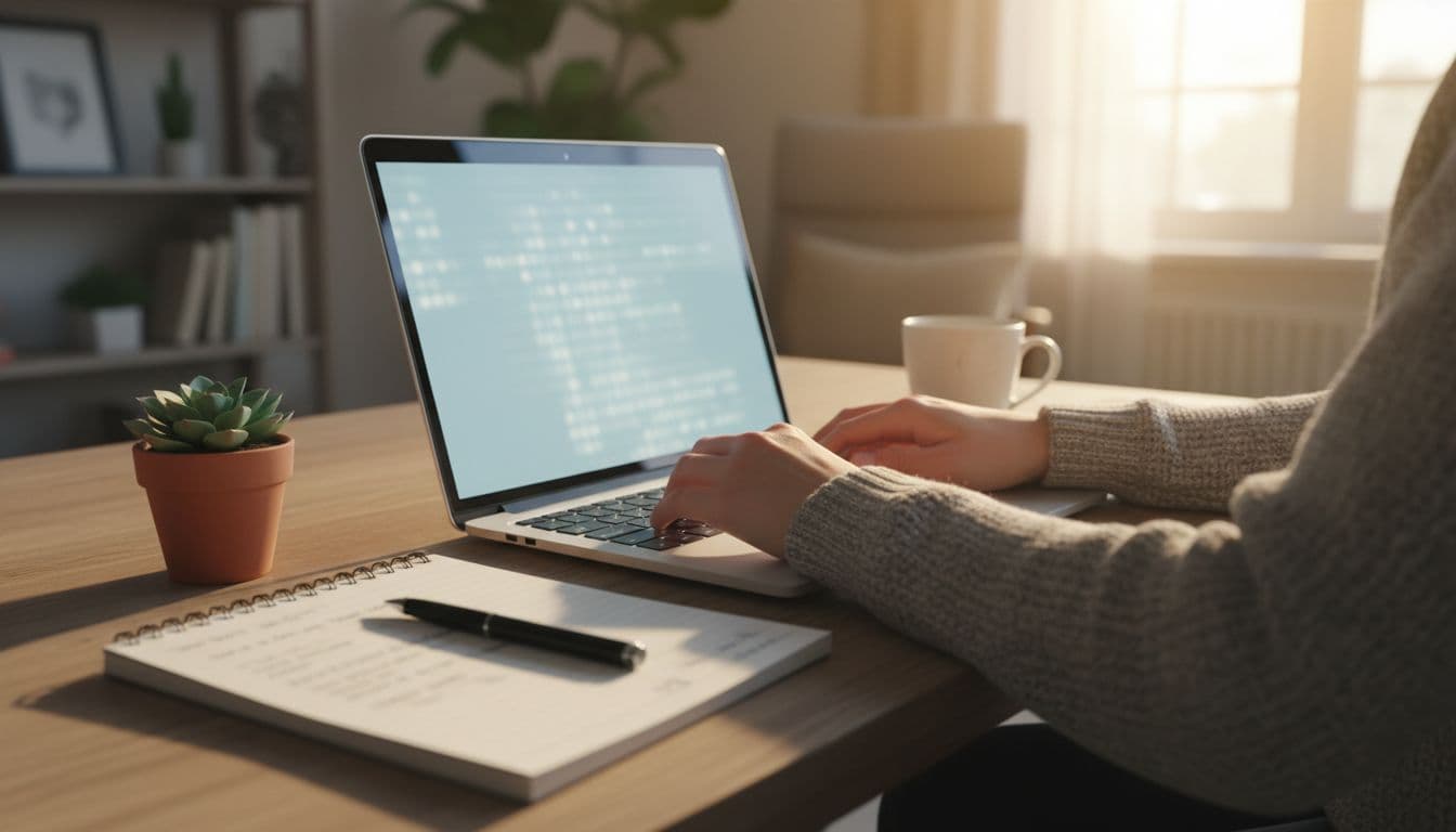 Person seated at home office desk typing on laptop to create website content, with open notebook, pen, coffee mug, and plant nearby, in warm natural light.