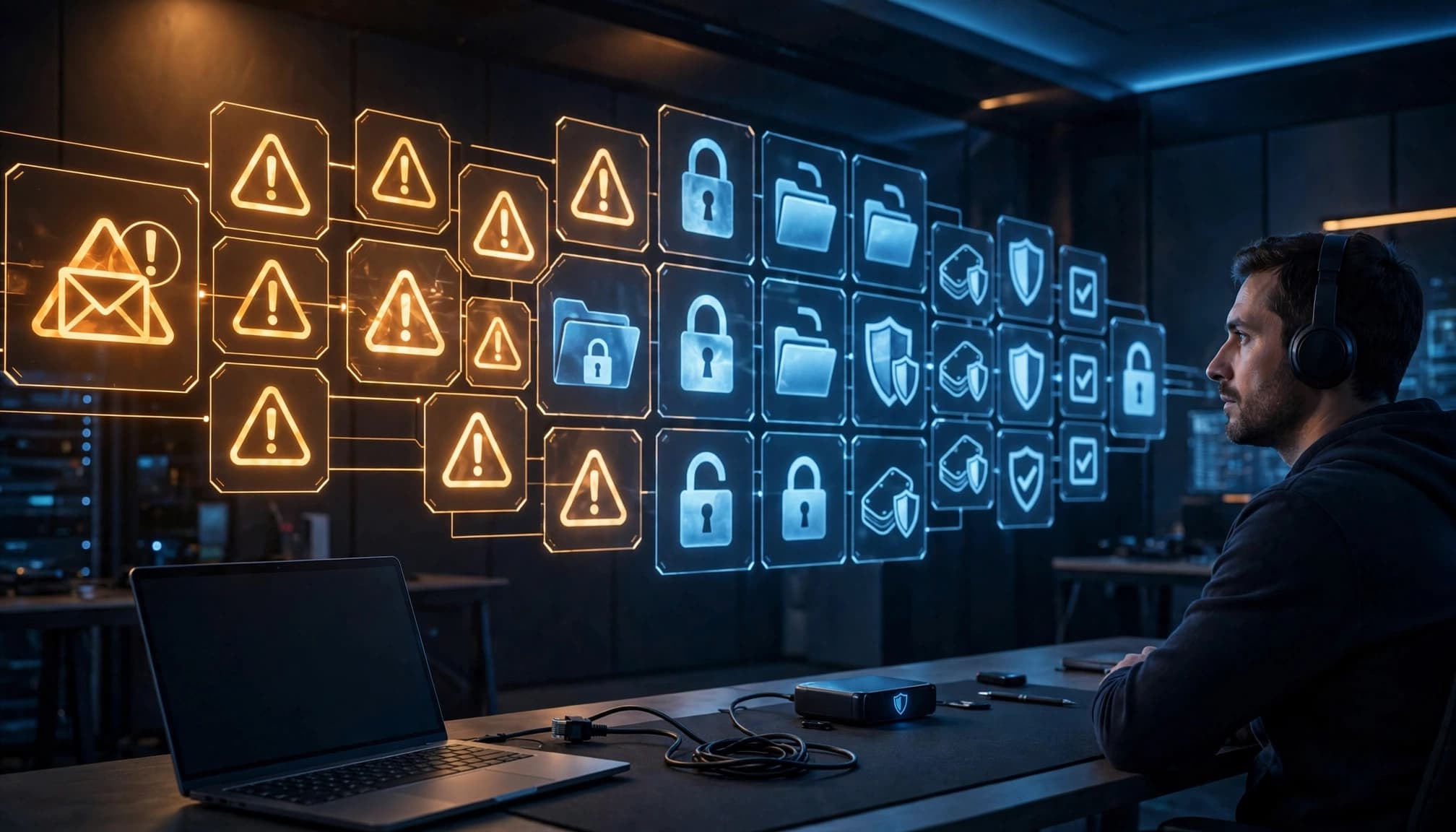 A security analyst reviews threat indicators beside an isolated laptop and disconnected network cable.