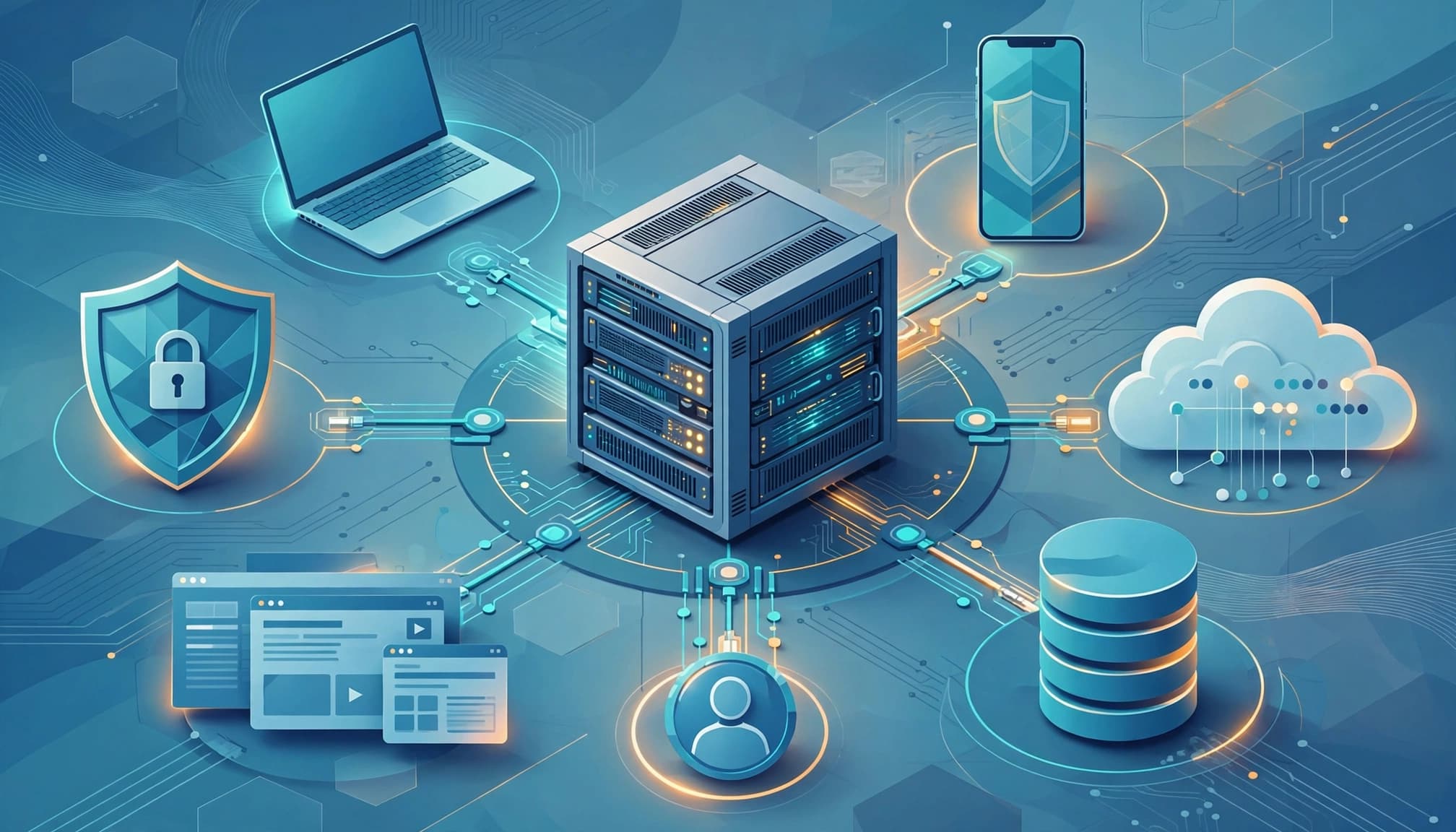 Central server surrounded by seven connected cybersecurity protection areas.