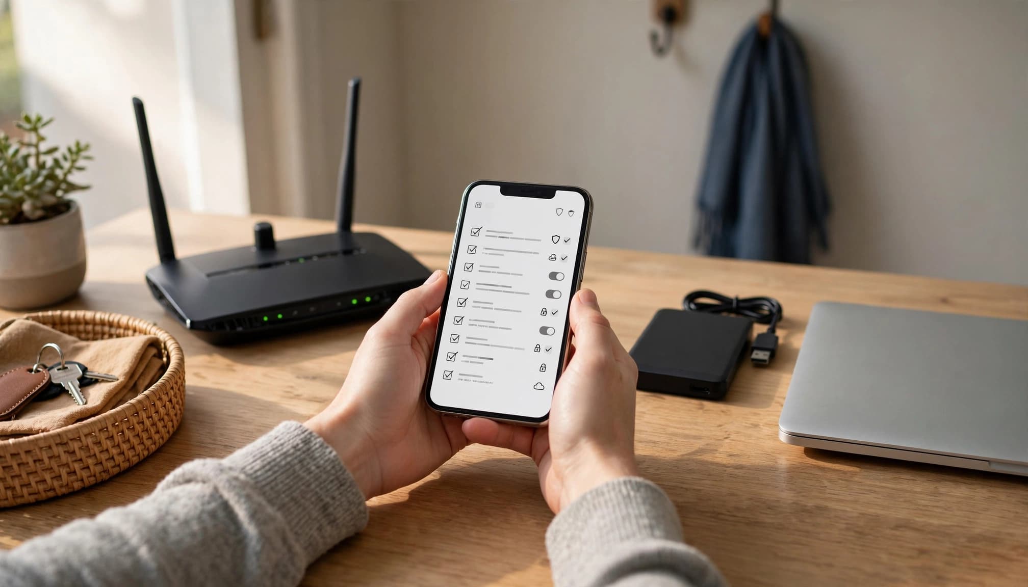 Person checking a smartphone beside a router, backup drive, and closed laptop.