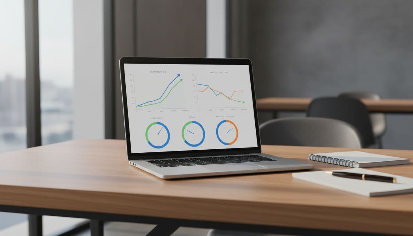 Realistic photo of a single laptop on a modern desk showing an analytics dashboard like Google Search Console with graphs for impressions, clicks, and positions, notepad and pen nearby, soft lighting, no text or logos.